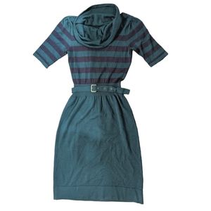 Merino Wool Sweater Dress Forest Green Half Sleeve Cowl Neck